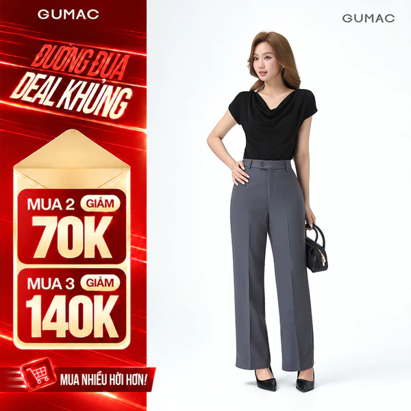 Quần Ống Suông Nữ 99cm GUMAC Quần Tây Công Sở Lưng Cao Cài Quai Dê Chất Tuyết Mưa LQE1241