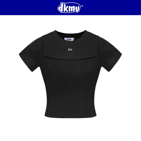 Áo croptop nữ kiểu phối 2 dây DKMV màu đen thiết kế logo con cá inox xinh thun co giãn ôm dáng Limmi Baby Tee| K-T22-D