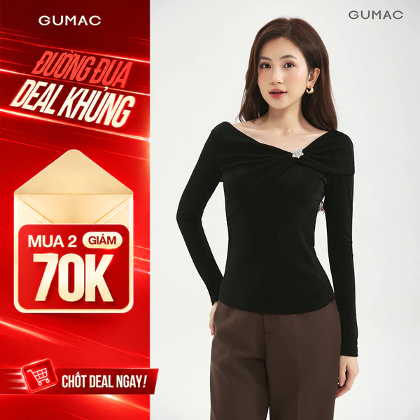 Áo Thun Nữ GUMAC Form Ôm Cổ Kiểu Trễ Vai Tay Dài Ôm Vừa Dễ Phối Đồ Hằng Ngày ATE09012