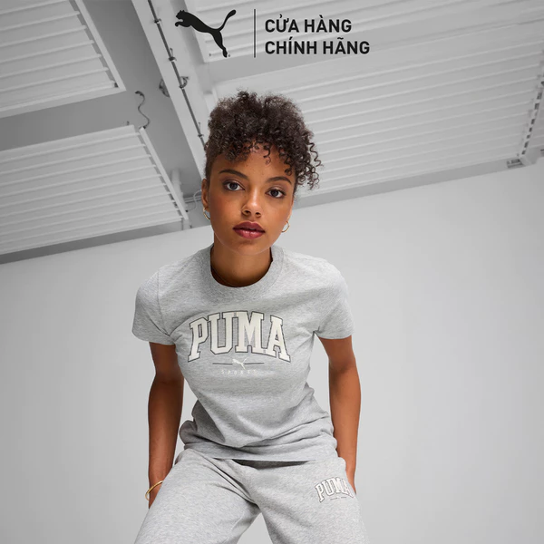 Áo Thun Thời Trang PUMA Nữ SQUAD Graphic Tee Light Gray Heather Màu Xám
