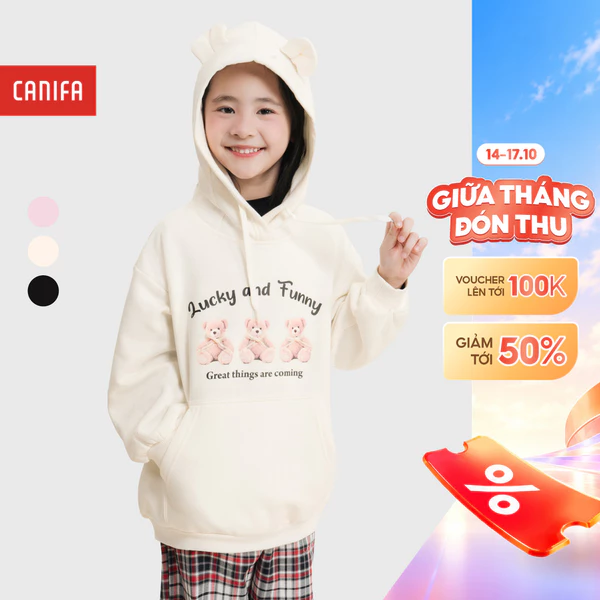 Áo nỉ bé gái CANIFA áo hoodie có mũ họa tiết nổi 1TW25C005