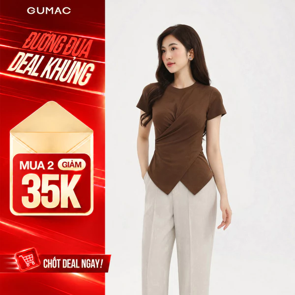Áo Thun Kiểu Nữ GUMAC Áo Thun Gân Cổ Tròn Đắp Chéo Vạt V Tôn Dáng Co Giãn Nhiều LATF0521