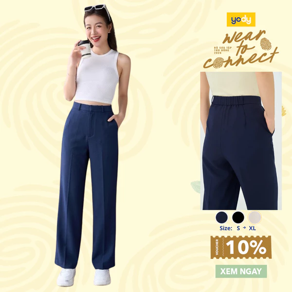 Quần âu nữ Yody ống suông cạp cao chun sau, quần straight essential thanh lịch TRA WOTR26A009