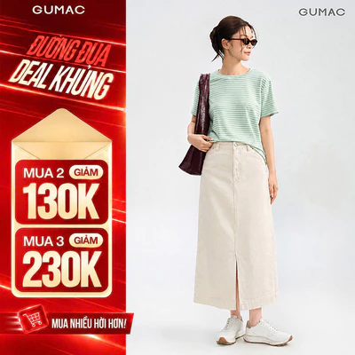 Chân váy jeans nữ Gmorning - GUMAC A màu be xẻ trước có túi  YVJF08026