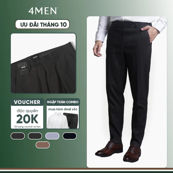 Quần tây nam trơn 4MEN QT031 form slimfit tôn dáng, vải rayon cao cấp hạn chế nhăn, mềm mịn, co giãn