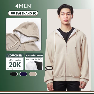 Áo Khoác Hoodie 4MEN Phối Sọc Tay Form Regular AH006 khoá zip, vải nỉ ép, thoải mái, đi chơi, đi làm