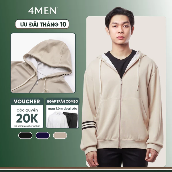 Áo Khoác Hoodie 4MEN Phối Sọc Tay Form Regular AH006 khoá zip, vải nỉ ép, thoải mái, đi chơi, đi làm