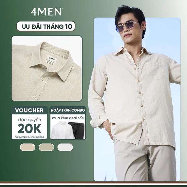 Áo Sơ Mi Linen 4MEN Thêu Logo Cánh Buồm Phía Sau SM208 Basic, Form Relaxed Công Sở, Lịch Sự