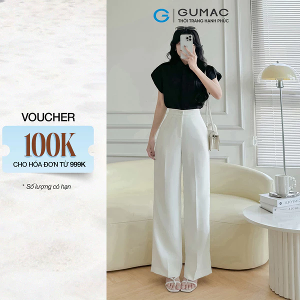 Quần tây nữ GUMAC ống suông màu trắng nút bọc chất liệu cotton silk mềm mịn  QF08032