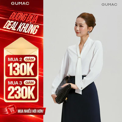 Áo Kiểu Nữ GUMAC Form Suông Tay Dài Cổ V Kèm Dây Nơ Lụa Xẹc Tiểu Thư AG04063