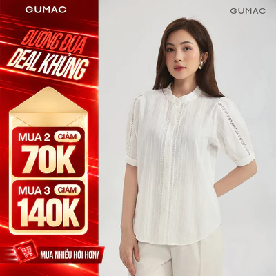 Áo kiểu form suông GUMAC tay lửng cổ trụ nẹp nút và tay áo phối viền ren AG01005