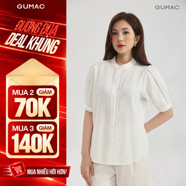 Áo kiểu form suông GUMAC tay lửng cổ trụ nẹp nút và tay áo phối viền ren AG01005