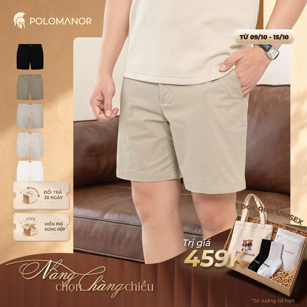 Quần short nam ngắn POLOMANOR vải kaki xuất xịn, lưng đai thun, co giãn 2 chiều, chuẩn form