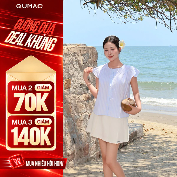 Áo Kiểu Nữ Gmorning - GUMAC Tay Cánh Tiên Nhún Vai Nhẹ Cổ Tim Thắt Nơ Nữ Tính YAG04081