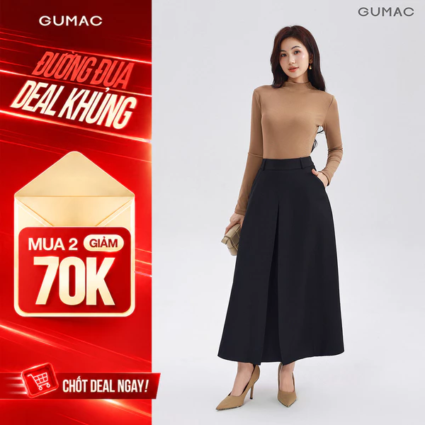 Chân Váy GUMAC Nữ Form A Xòe Xếp Ly Giữa Thân Trước Lưng Rời Có Đỉa 2 Túi Xéo 1 Lớp LVG0303