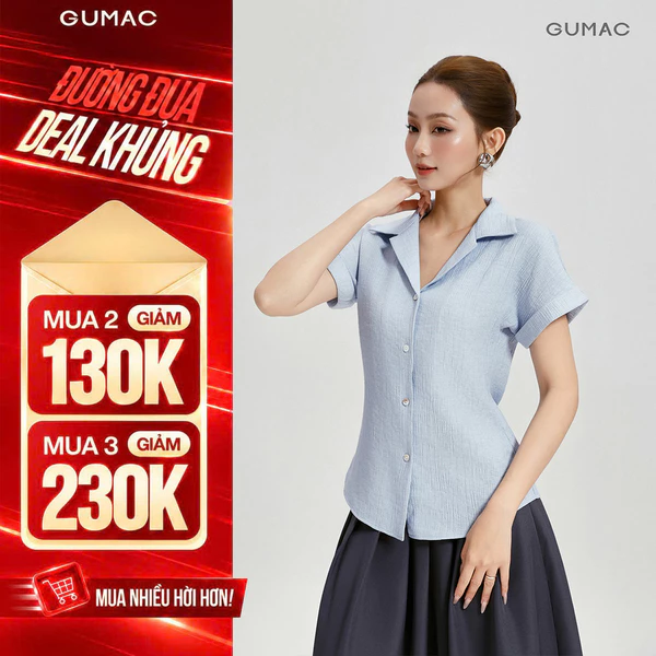 Áo Sơ Mi Nữ GUMAC Form Ôm Vừa Cổ Danton Tay Cánh Dơi Đũi Vân Nhăn Thanh Lịch AG04012