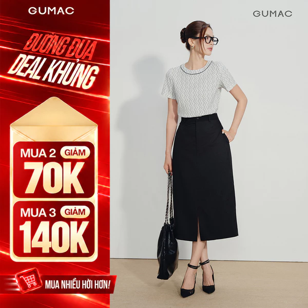 Chân Váy Midi Nữ GUMAC Dáng Suông Lưng Rời Xẻ Trước Có Túi Sườn Tôn Dáng LVG07072