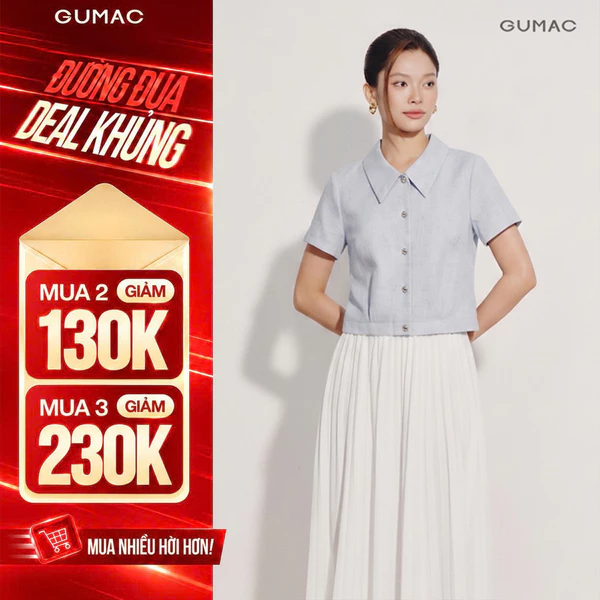 Áo Sơ Mi Nữ Form Lửng GUMAC Áo Cổ Lá Nhọn Cài Nút Kim Loại Thanh Lịch Công Sở AG04100