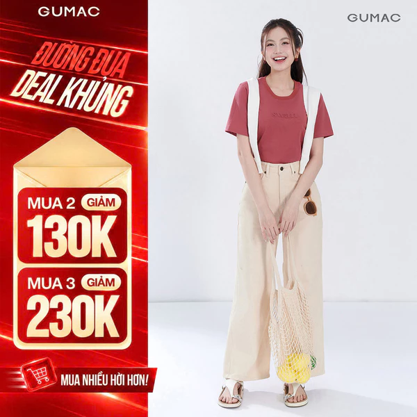 Quần Jeans Nữ GUMAC Suông Màu Be Denim Mềm Dày Dặn Thoáng Mát Thoải Mái LQJG06096
