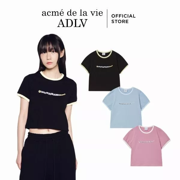 Áo Thun nữ ADLV Snake Initial Ringer dáng crop màu đen/xanh da trời/hồng nhạt - Hàng chính hãng