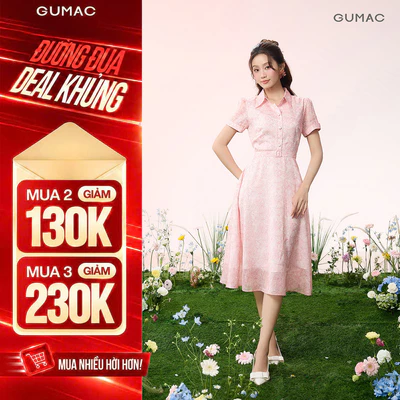 Đầm Nữ GUMAC Form A Xòe Cổ Sơ Mi Tay Ngắn Thắt Lưng Bọc Vải Thanh Lịch Phù Hợp Đi Làm Đi Chơi DG07030