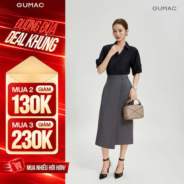 Chân Váy Nữ GUMAC Form Suông Vạt Đắp Chéo Đỉa Đôi Cách Điệu Sang Trọng VG04003