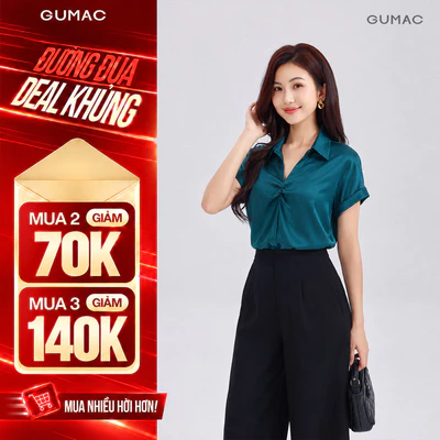 Áo Sơ Mi Nữ GUMAC Tay Ngắn Xoắn Ngực Chất Lụa Mềm Mát Thoải Mái Cả Ngày LAG05074
