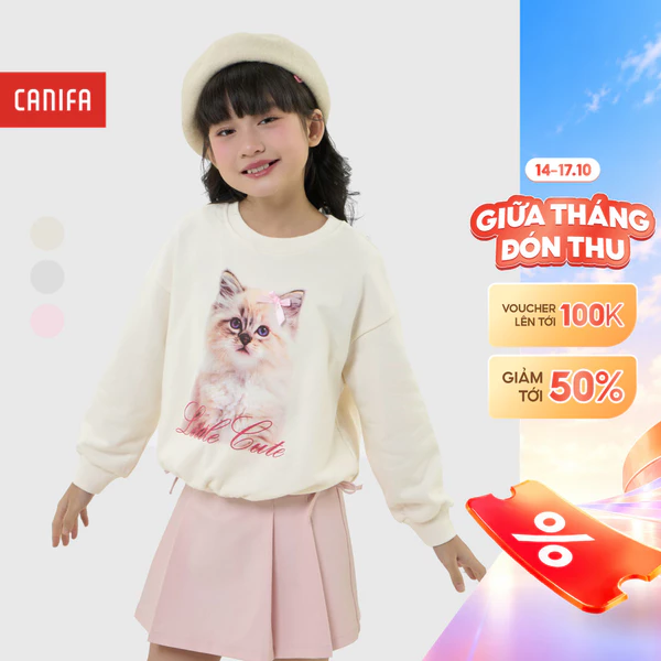 Áo nỉ bé gái có hình in CANIFA cổ tròn dài tay in họa tiết 1TW25W002