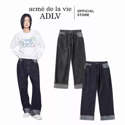 Quần Denim ADLV Roll Up dáng oversized màu đen/xanh navy - Hàng chính hãng