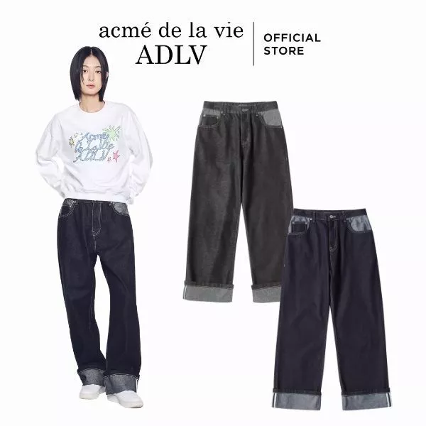 Quần Denim ADLV Roll Up dáng oversized màu đen/xanh navy - Hàng chính hãng