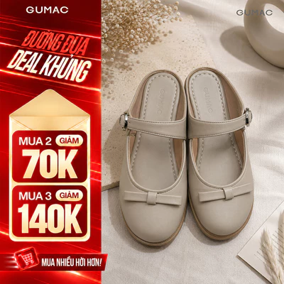 Giày Sục Nữ GUMAC Gót Cao 4cm Mũi Tròn Đính Nơ Quai Ngang Khóa Kim Loại Thanh Lịch Dễ Phối Đồ GG08100
