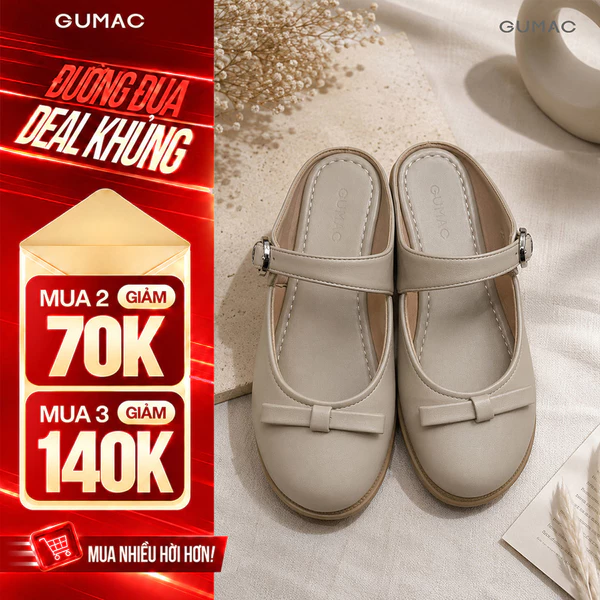 Giày Sục Nữ GUMAC Gót Cao 4cm Mũi Tròn Đính Nơ Quai Ngang Khóa Kim Loại Thanh Lịch Dễ Phối Đồ GG08100