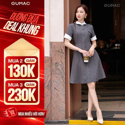 Đầm Nữ GUMAC Dáng A Tay Ngắn Cổ Sơ Mi Phối Trắng Thanh Lịch Hiện Đại DF09021