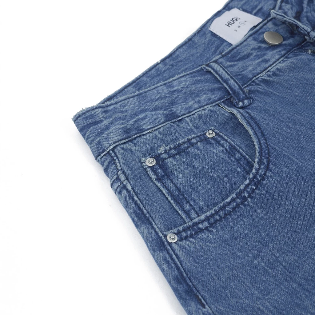 Quần jean dài ống rộng nam màu xanh được wash nhẹ phần đùi Lousei thương hiệu HUGU chuẩn form cứng cáp không đổ lông