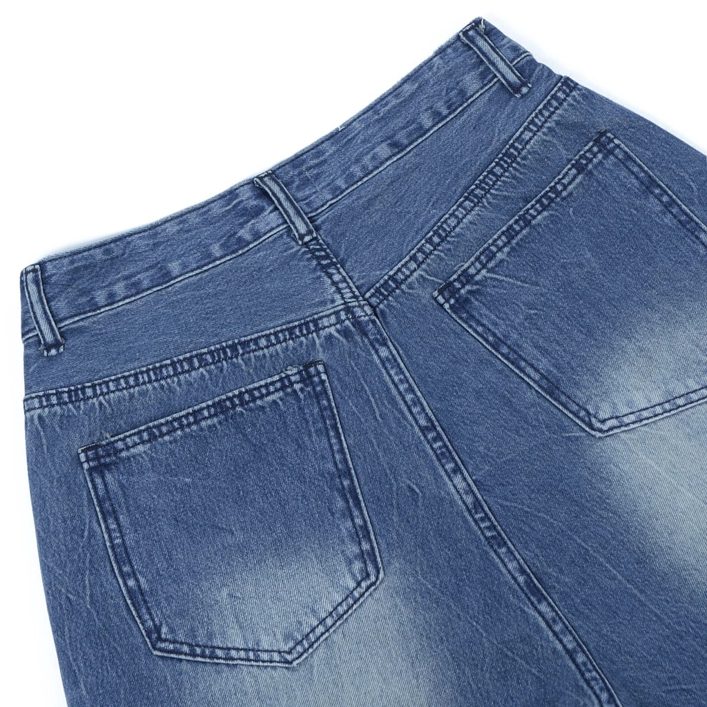 Quần jean dài ống rộng nam màu xanh được wash nhẹ phần đùi Lousei thương hiệu HUGU chuẩn form cứng cáp không đổ lông