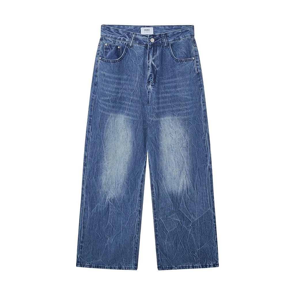 Quần jean dài ống rộng nam màu xanh được wash nhẹ phần đùi Lousei thương hiệu HUGU chuẩn form cứng cáp không đổ lông