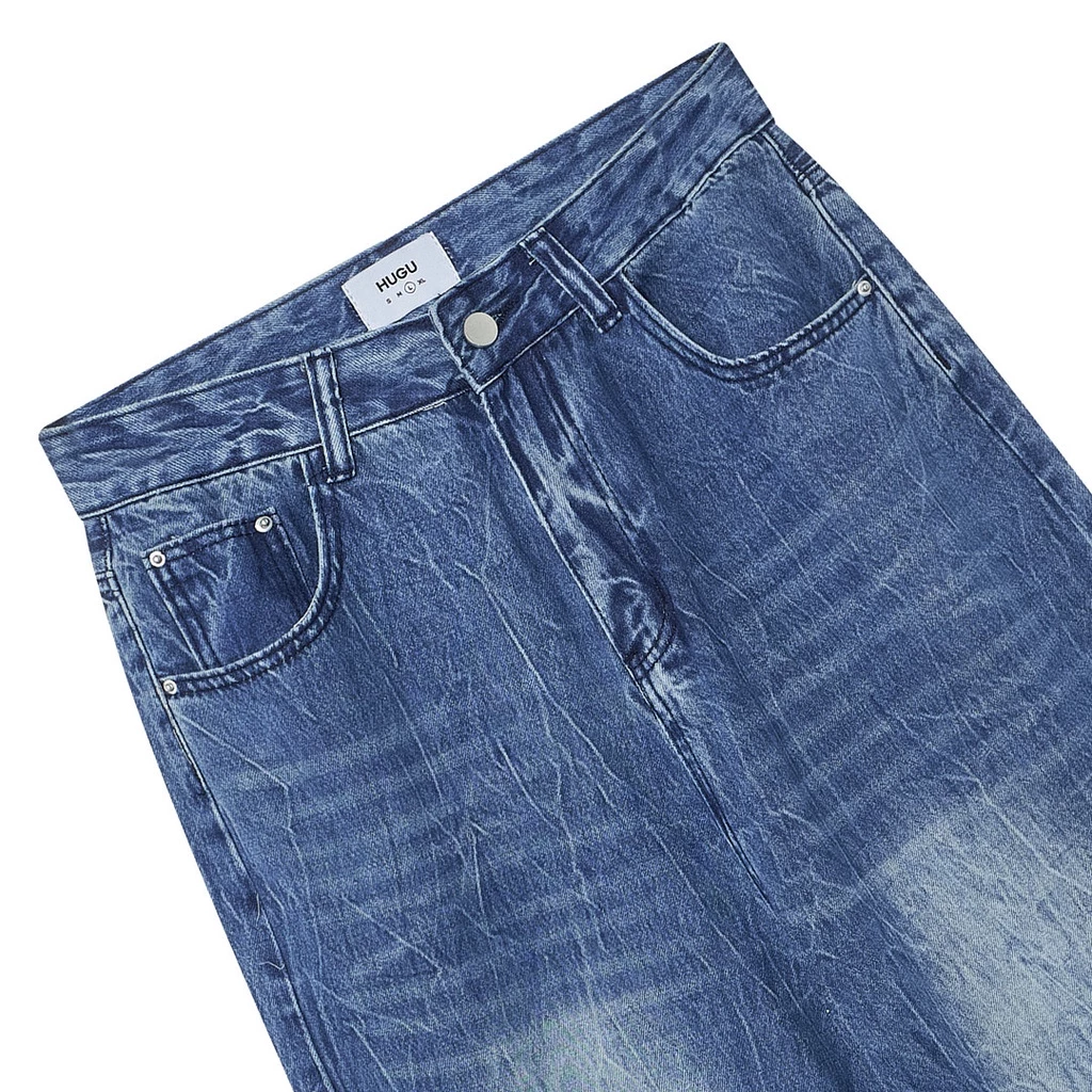 Quần jean dài ống rộng nam màu xanh được wash nhẹ phần đùi Lousei thương hiệu HUGU chuẩn form cứng cáp không đổ lông