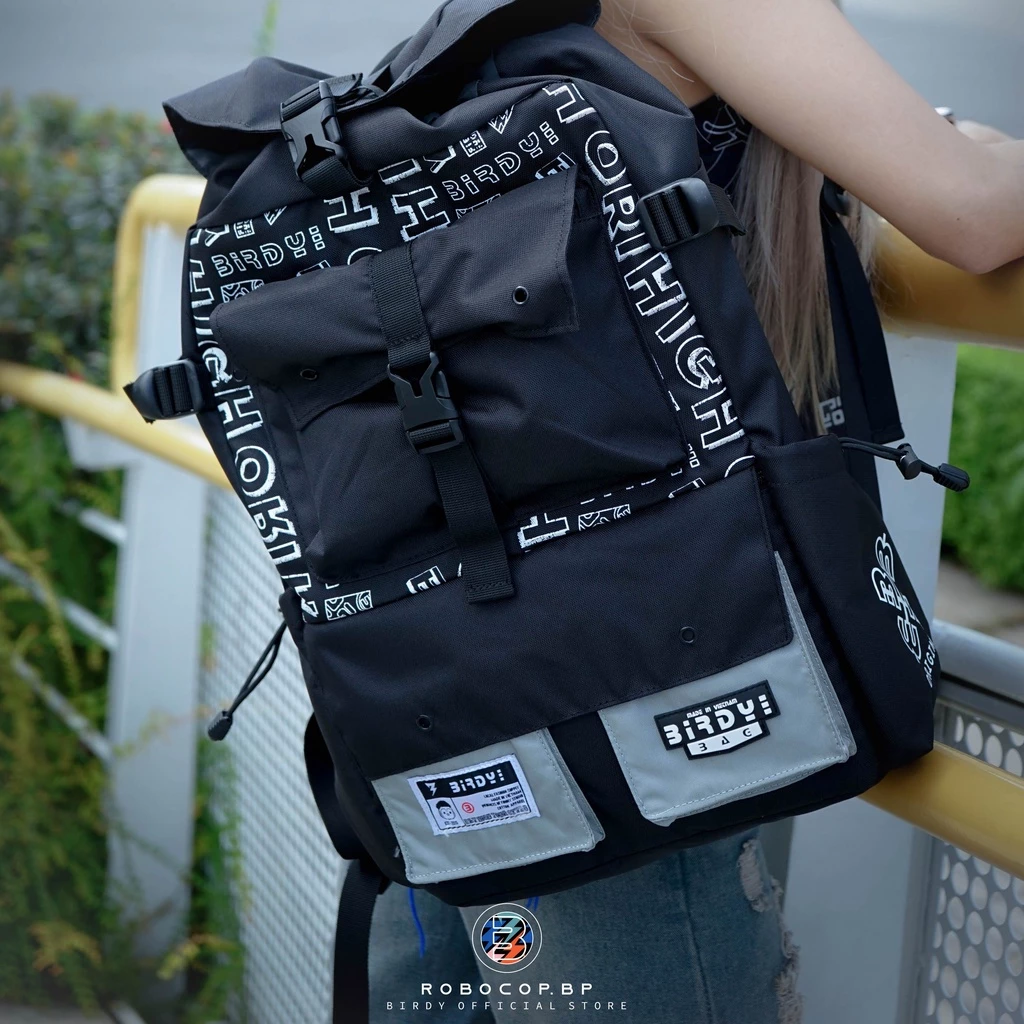 Balo nam nữ màu đen đựng laptop 17inches phối họa tiết camo nam nữ Local Brand BIRDYBAG - Robocop Backpack Unisex