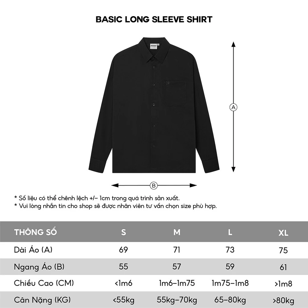 Áo sơ mi tay dài thêu logo HUGU - BASIC LONG SLEEVE SHIRT - Chất vải ford kate cao cấp thoáng mát - unisex