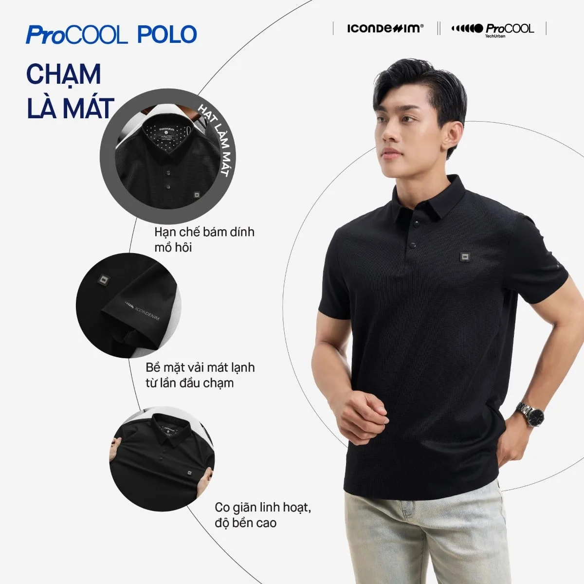 Áo polo nam PROCOOL ICONDENIM form slim-fit, công nghệ hạt làm mát thoáng khí, co giãn 4 chiều, vải mịn ít nhăn PLID0153