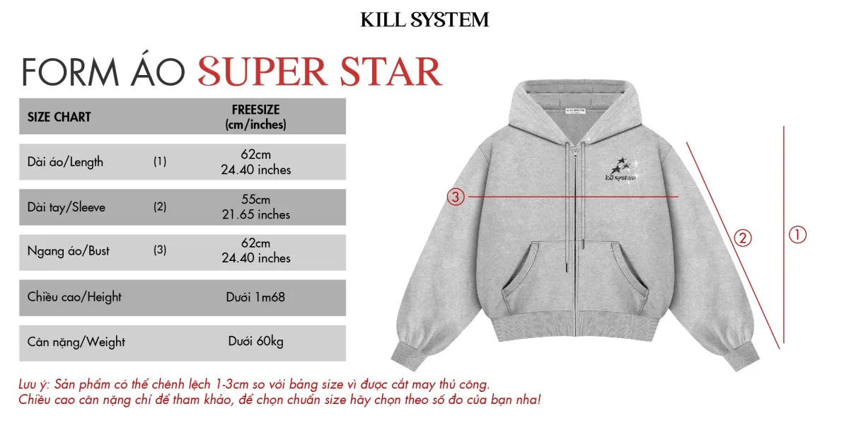 Áo hoodie zip nỉ form boxy in nhũ SUPER STAR - 𝐊𝐈𝐋𝐋 𝐒𝐘𝐒𝐓𝐄𝐌