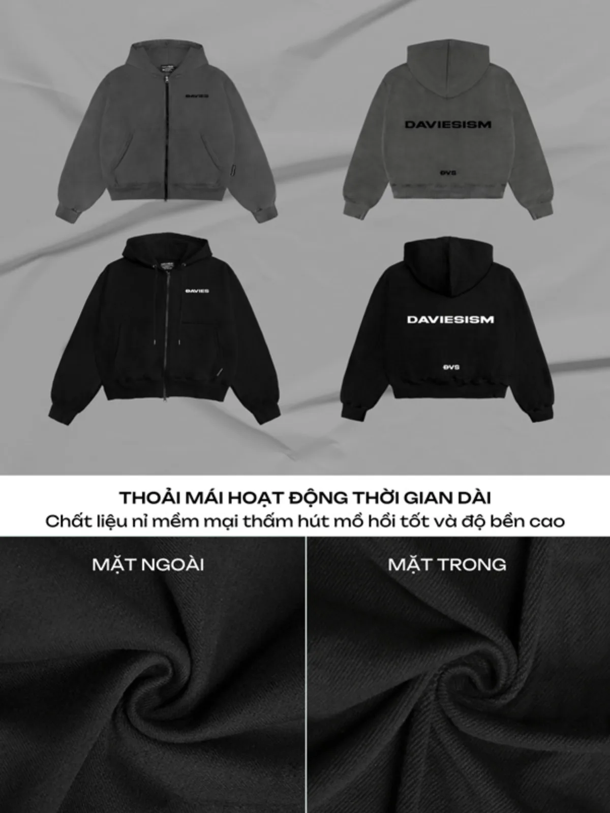 Áo khoác hoodie zip DAVIES nam nữ có nón màu đen, xám Boxy Daviesism jacket I D33-AK6