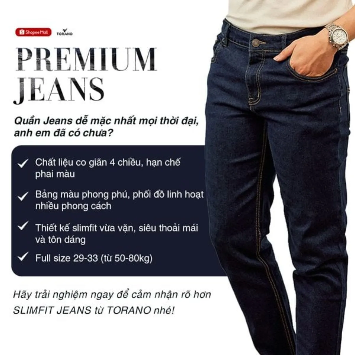 Quần Jeans nam PREMIUM JEANS TORANO dáng basic Slim Co Giãn Tốt, Không Bai Xù, Bền Màu, Phom Trẻ Trung EABJ012