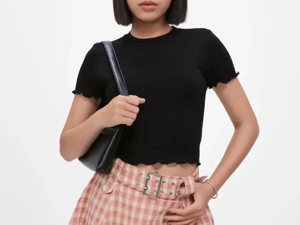 Áo Thun Nữ Tay Ngắn Crop Lai Gợn Ôm Body