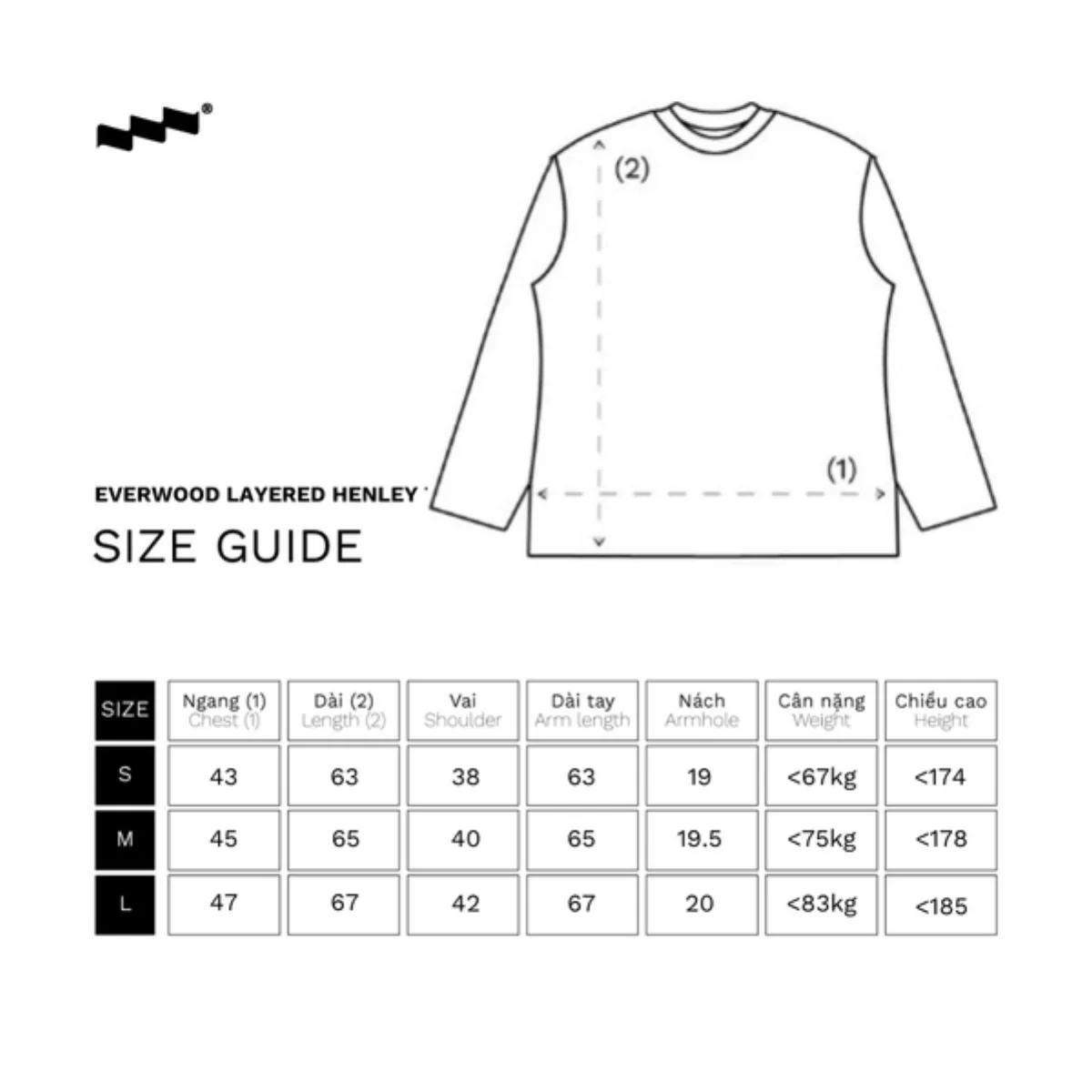 Áo Thun Tay Dài Ôm Body Unisex LIDER EVERWOOD LAYERED HENLEY TEE - Black/ Light Grey/ Grey