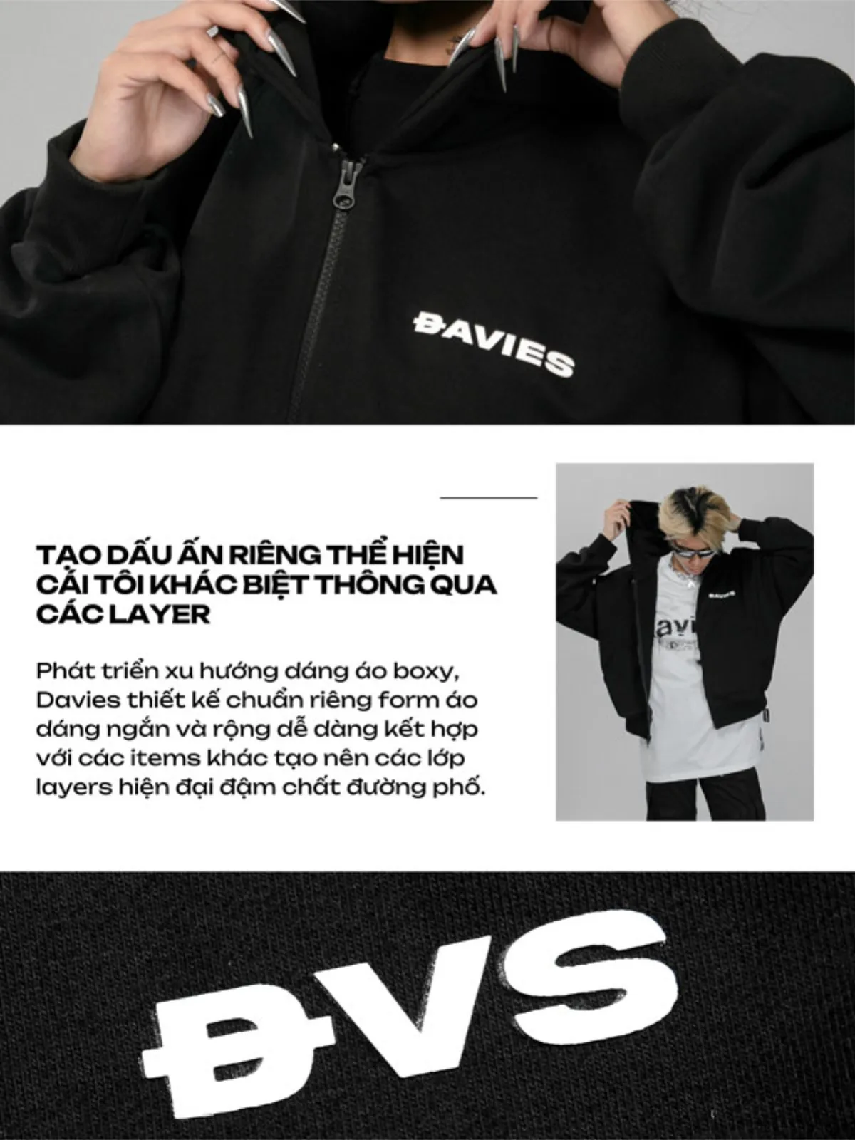 Áo khoác hoodie zip DAVIES nam nữ có nón màu đen, xám Boxy Daviesism jacket I D33-AK6