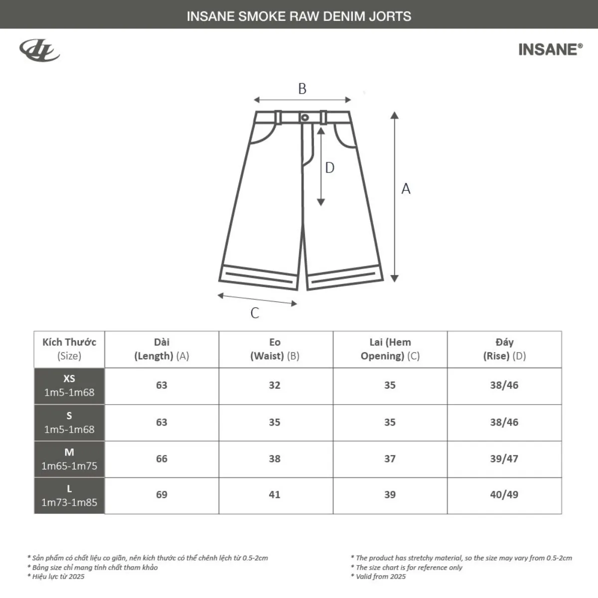 Quần Lửng InsaneClo SMOKE RAW DENIM JORTS Form Rộng Dài Qua Gối Unisex Chất Liệu Denim