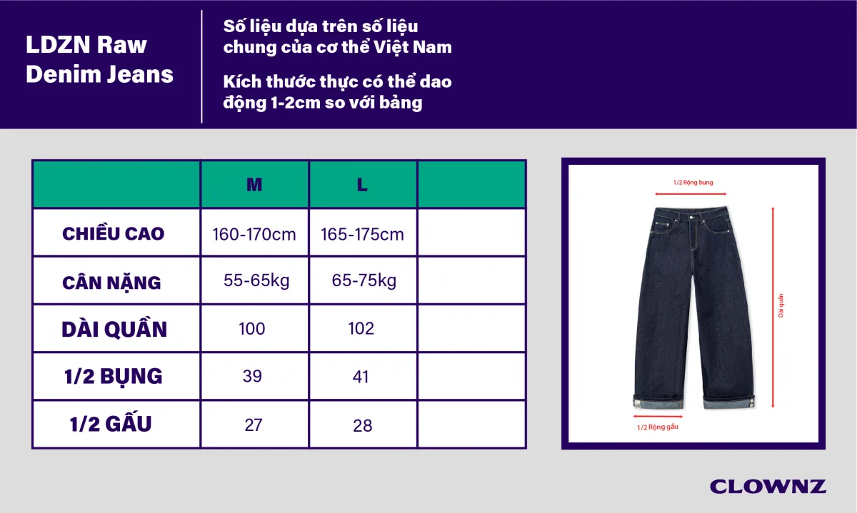 Quần dài LDZN Raw Denim Jeans unisex nam nữ quần baggy jeans
