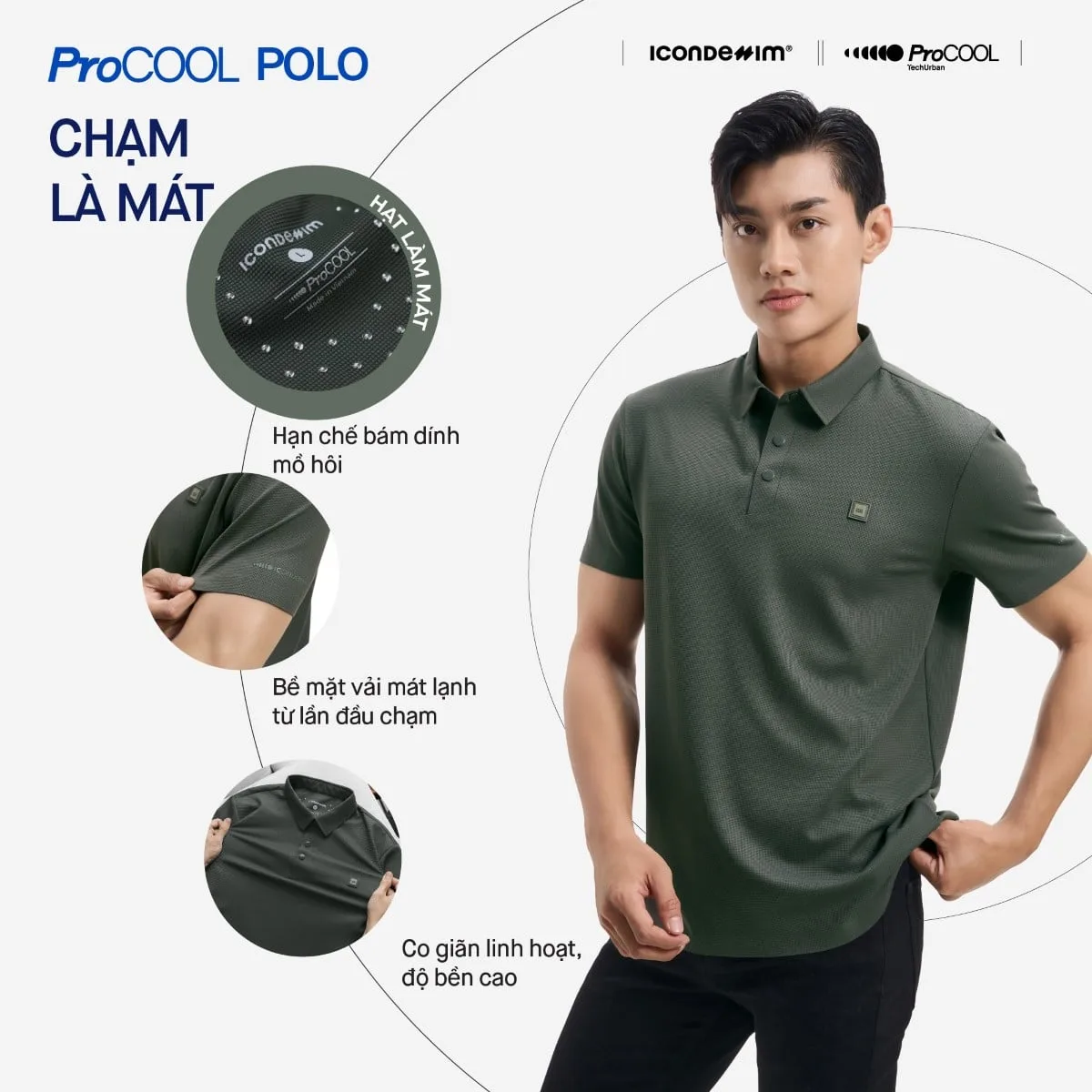 Áo polo nam PROCOOL ICONDENIM form slim-fit, công nghệ hạt làm mát thoáng khí, co giãn 4 chiều, vải mịn ít nhăn PLID0153