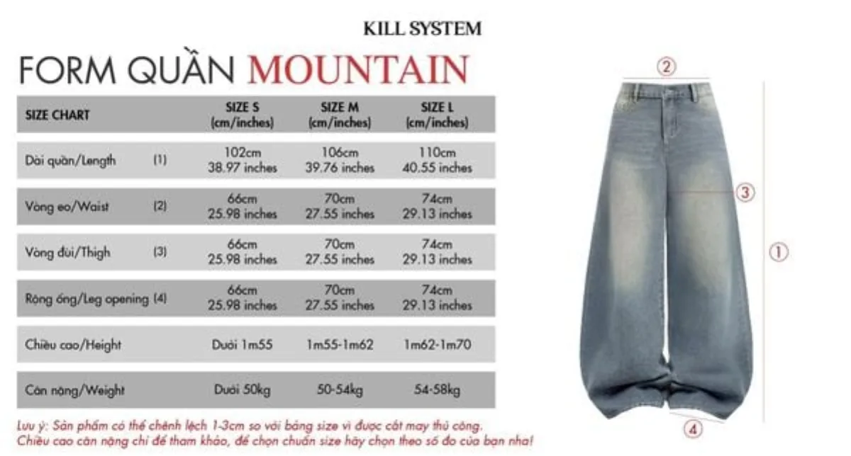Quần Jeans wash 𝐊𝐢𝐥𝐥𝐬𝐲𝐬𝐭𝐞𝐦 ống rộng Mountain quần bò wash màu unisex thời trang nam nữ